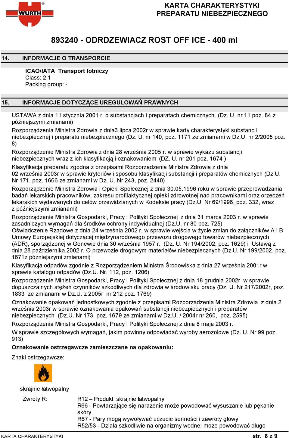 84 z późniejszymi zmianami) Rozporządzenia Ministra Zdrowia z dnia3 lipca 2002r w sprawie karty charakterystyki substancji niebezpiecznej i preparatu niebezpiecznego (Dz. U. nr 140, poz.