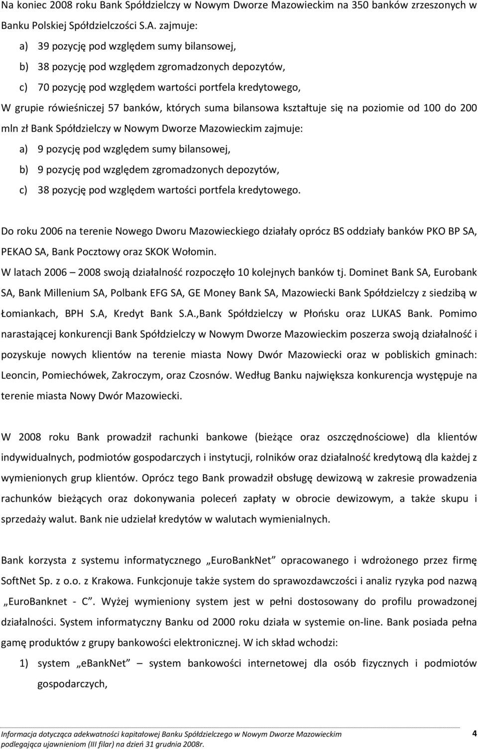 których suma bilansowa kształtuje się na poziomie od 100 do 200 mln zł Bank Spółdzielczy w Nowym Dworze Mazowieckim zajmuje: a) 9 pozycję pod względem sumy bilansowej, b) 9 pozycję pod względem