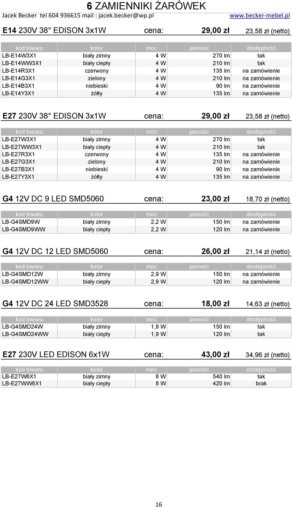 biały zimny 4 W 270 lm tak LB-E27WW3X1 biały ciepły 4 W 210 lm tak LB-E27R3X1 czerwony 4 W 135 lm na zamówienie LB-E27G3X1 zielony 4 W 210 lm na zamówienie LB-E27B3X1 niebieski 4 W 90 lm na