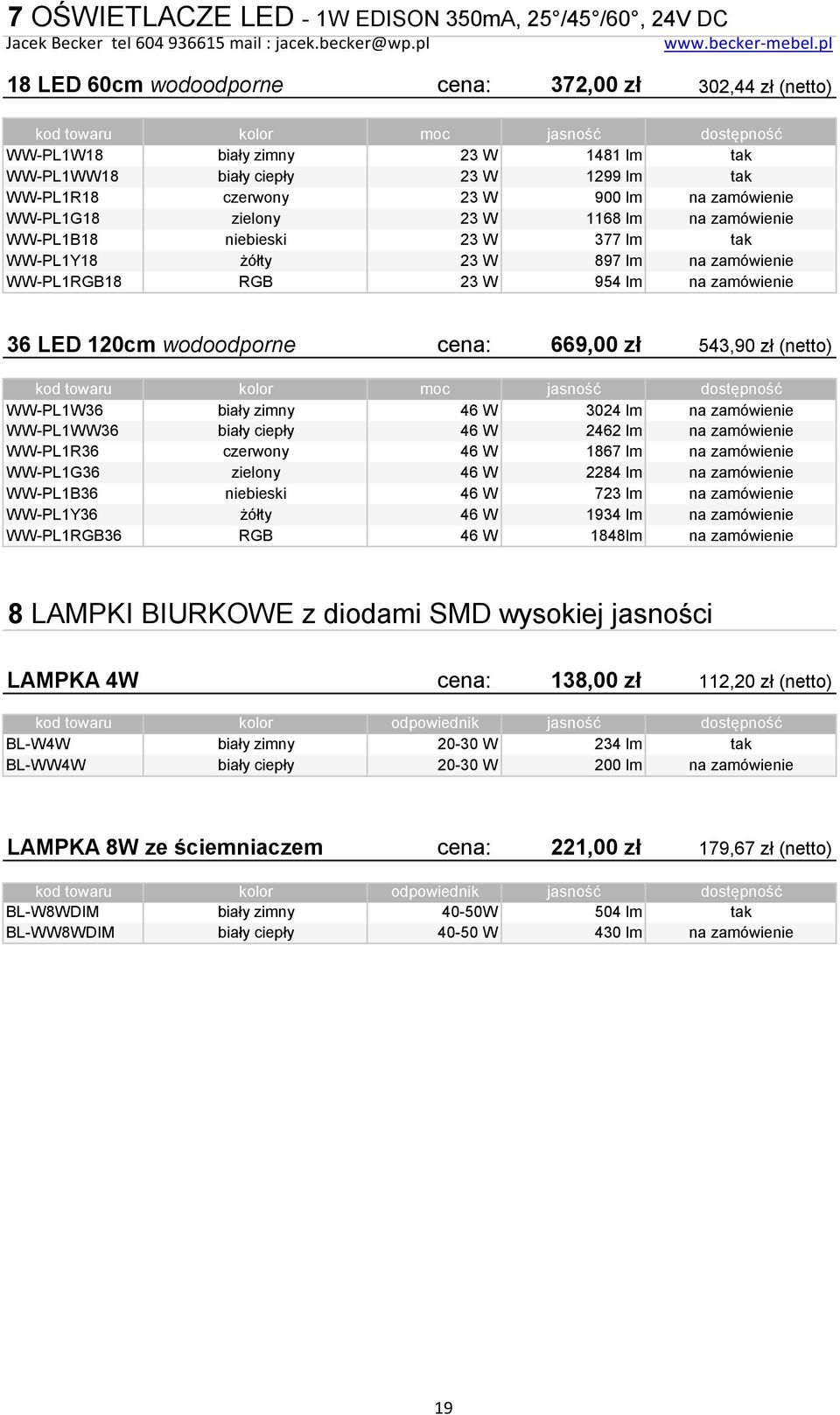 zamówienie 36 LED 120cm wodoodporne cena: 669,00 zł 543,90 zł (netto) WW-PL1W36 biały zimny 46 W 3024 lm na zamówienie WW-PL1WW36 biały ciepły 46 W 2462 lm na zamówienie WW-PL1R36 czerwony 46 W 1867