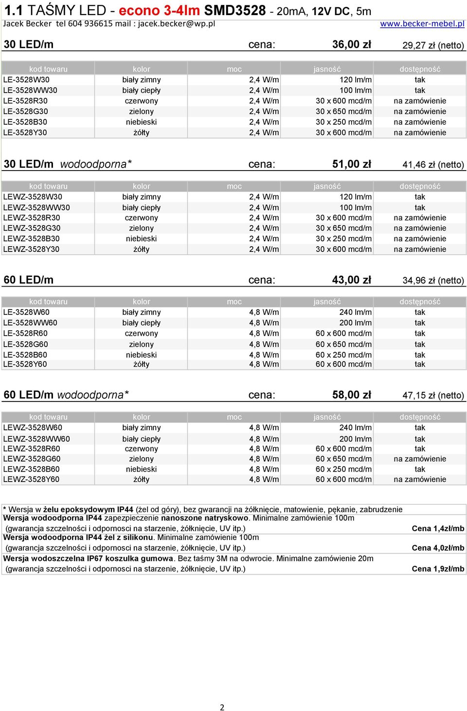 na zamówienie 30 LED/m wodoodporna* cena: 51,00 zł 41,46 zł (netto) LEWZ-3528W30 biały zimny 2,4 W/m 120 lm/m tak LEWZ-3528WW30 biały ciepły 2,4 W/m 100 lm/m tak LEWZ-3528R30 czerwony 2,4 W/m 30 x