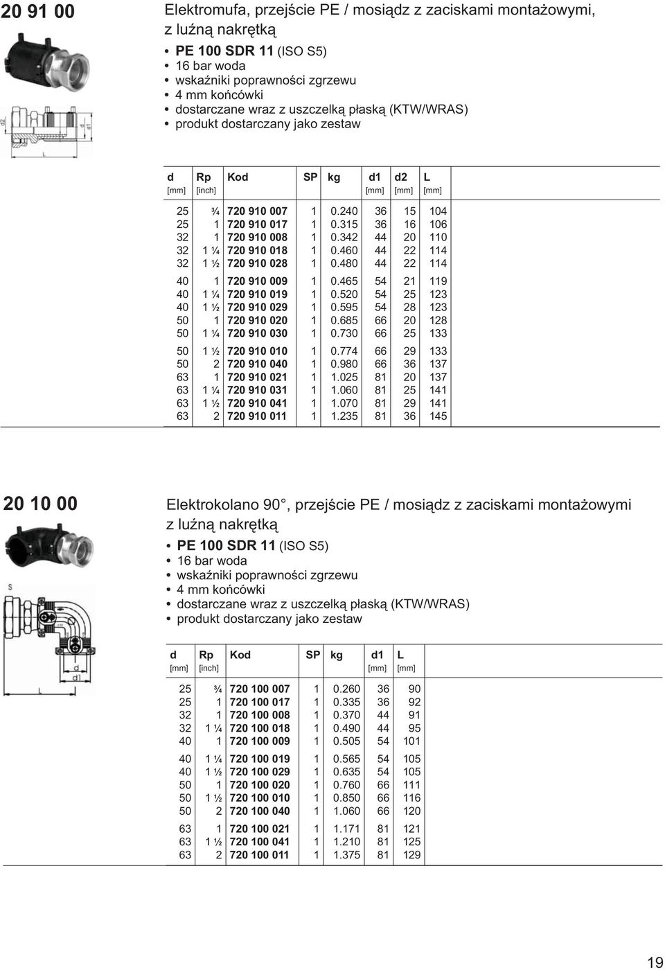 Kod 20 10 00 Elektrokolano 90, przejście PE / mosiądz z zaciskami montażowymi z luźną nakrętką 16 bar woda