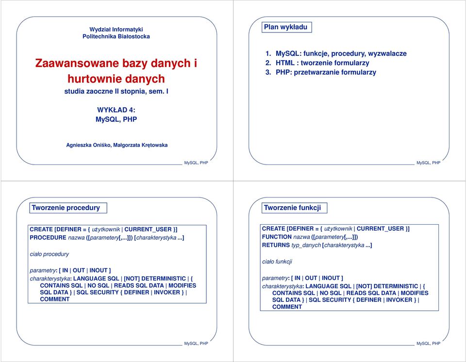 PHP: przetwarzanie formularzy WYKŁAD 4: Agnieszka Oniśko, Małgorzata Krętowska Tworzenie procedury Tworzenie funkcji CREATE [DEFINER = { użytkownik CURRENT_USER ] PROCEDURE nazwa ([parametery[,.