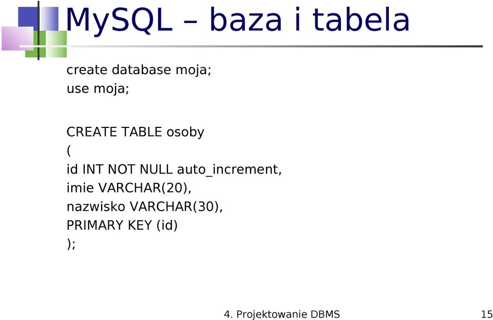 auto_increment, imie VARCHAR(20), nazwisko