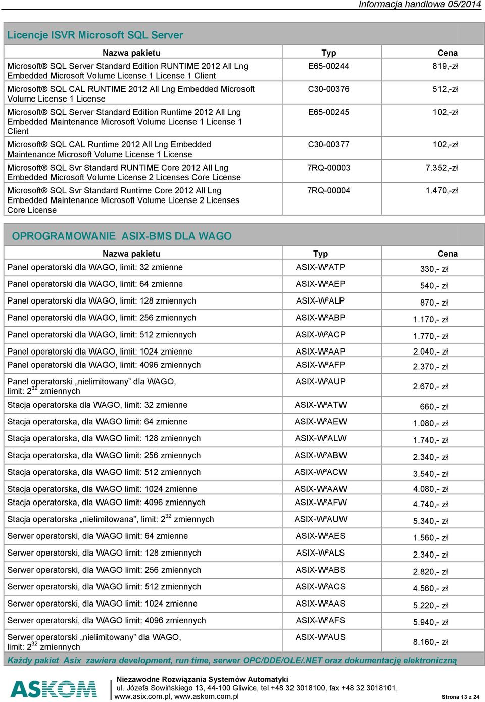 Volume License 1 License 1 Client Microsoft SQL CAL Runtime 2012 All Lng Embedded C30-00377 102,-zł Maintenance Microsoft Volume License 1 License Microsoft SQL Svr Standard RUNTIME Core 2012 All Lng