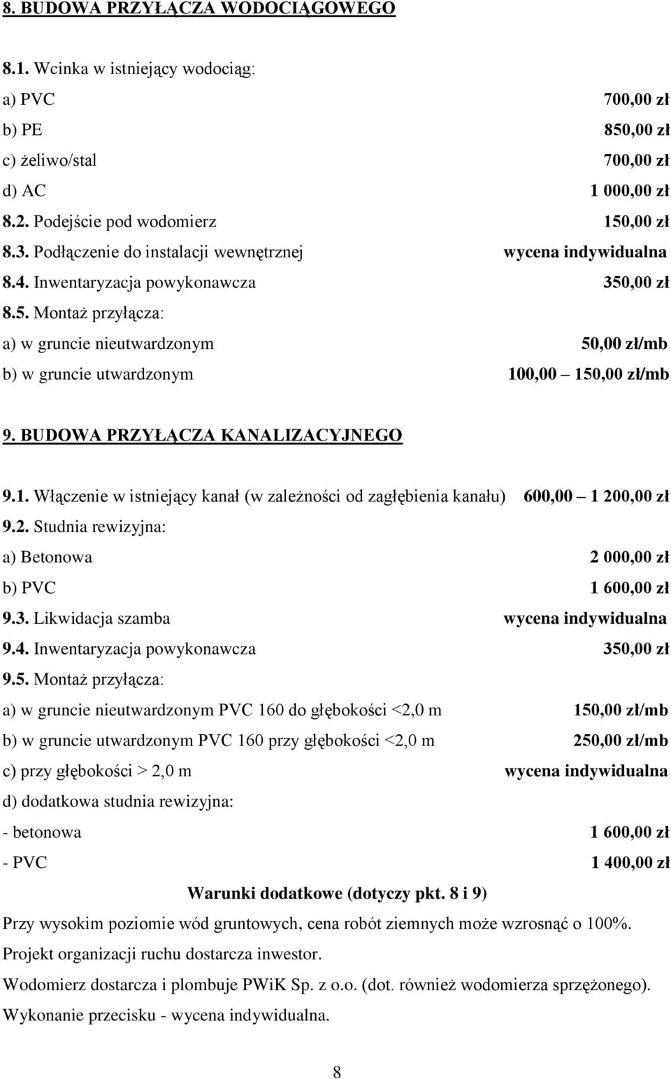 BUDOWA PRZYŁĄCZA KANALIZACYJNEGO 9.1. Włączenie w istniejący kanał (w zależności od zagłębienia kanału) 600,00 1 200,00 zł 9.2. Studnia rewizyjna: a) Betonowa 2 000,00 zł b) PVC 1 600,00 zł 9.3.