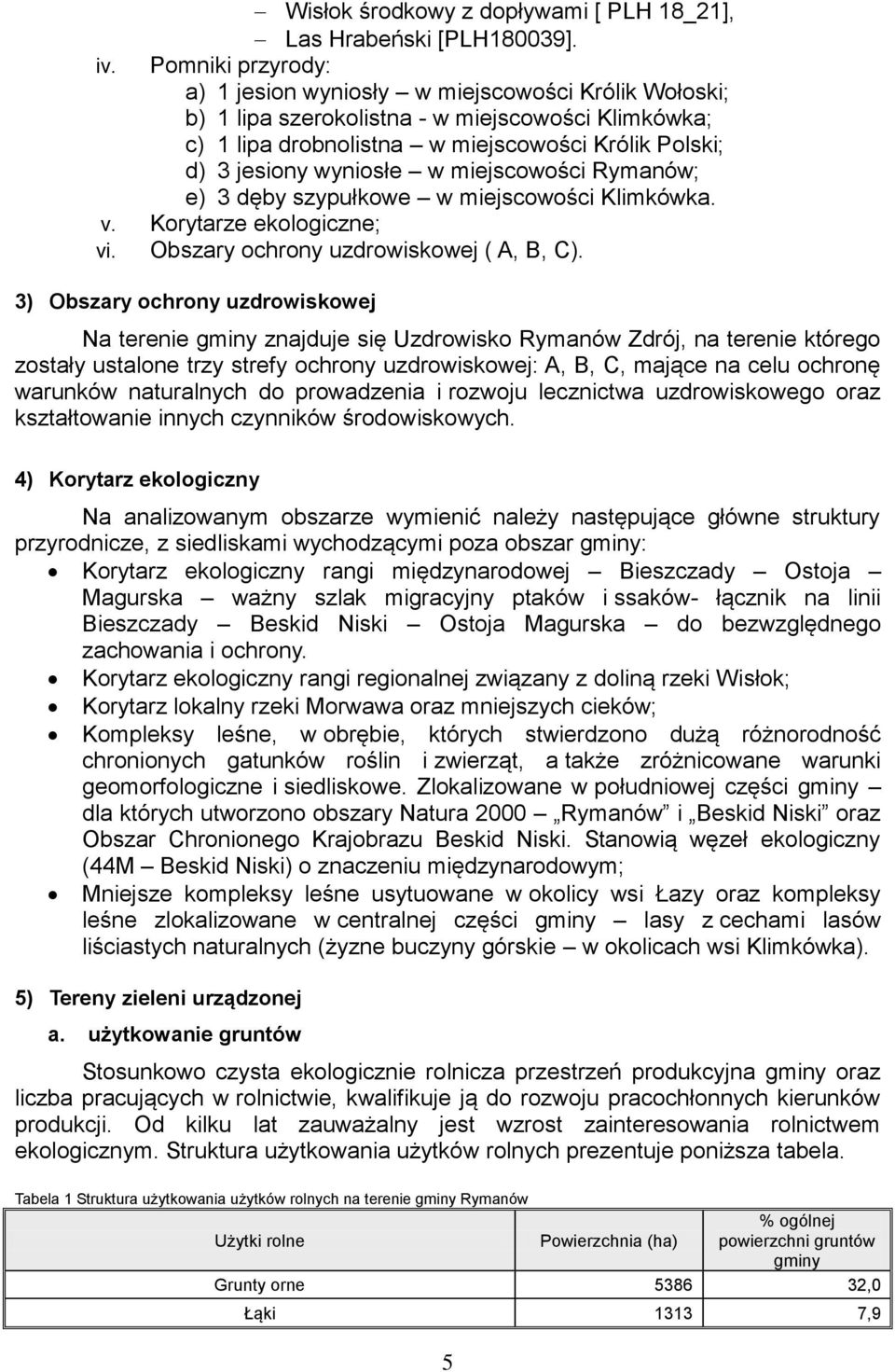 miejscowości Rymanów; e) 3 dęby szypułkowe w miejscowości Klimkówka. v. Korytarze ekologiczne; vi. Obszary ochrony uzdrowiskowej ( A, B, C).