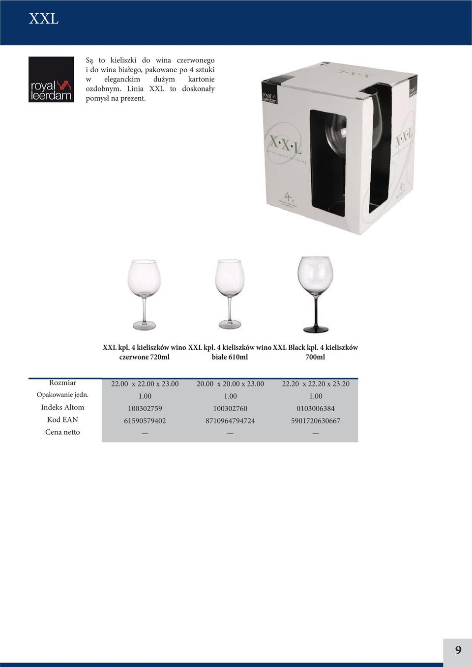 4 kieliszków wino czerwone 720ml XXL kpl. 4 kieliszków wino białe 610ml XXL Black kpl.