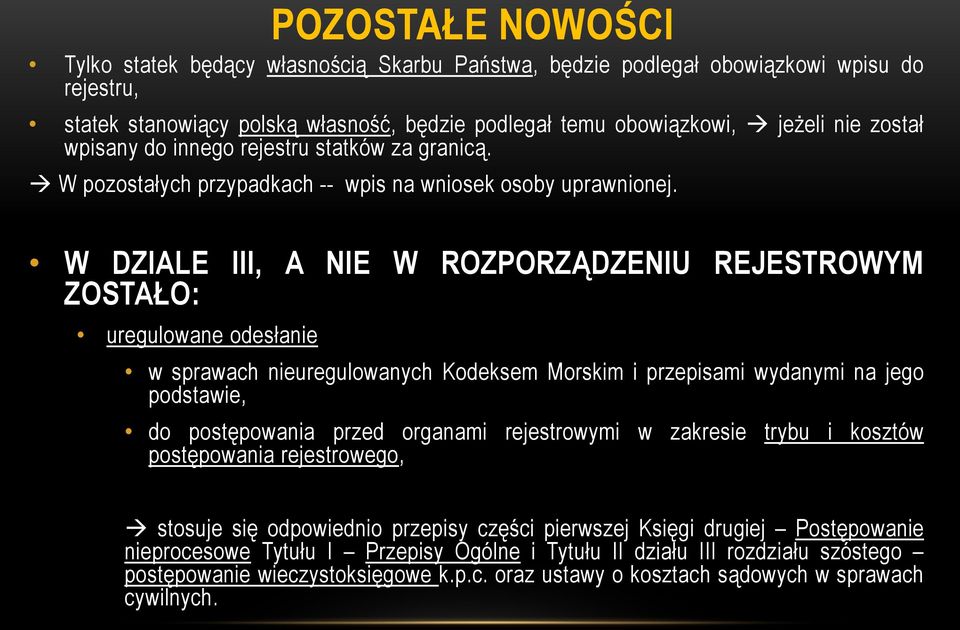 W DZIALE III, A NIE W ROZPORZĄDZENIU REJESTROWYM ZOSTAŁO: uregulowane odesłanie w sprawach nieuregulowanych Kodeksem Morskim i przepisami wydanymi na jego podstawie, do postępowania przed organami