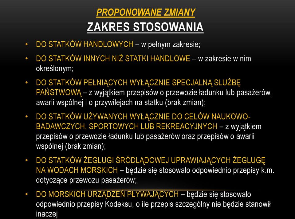 REKREACYJNYCH z wyjątkiem przepisów o przewozie ładunku lub pasażerów oraz przepisów o awarii wspólnej (brak zmian); DO STATKÓW ŻEGLUGI ŚRÓDLĄDOWEJ UPRAWIAJĄCYCH ŻEGLUGĘ NA WODACH MORSKICH