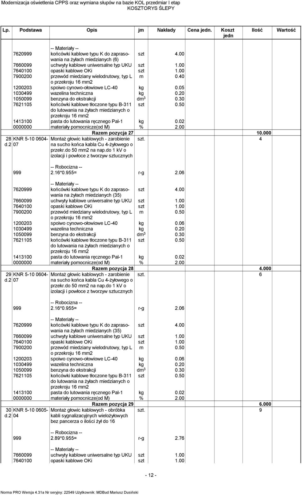 20 1050099 benzyna do ekstrakcji dm 3 0.30 7621105 końcówki kablowe tłoczone typu B-311 szt 0.50 do lutowania na żyłach miedzianych o przekroju 16 mm2 1413100 pasta do lutowania ręcznego Pal-1 kg 0.