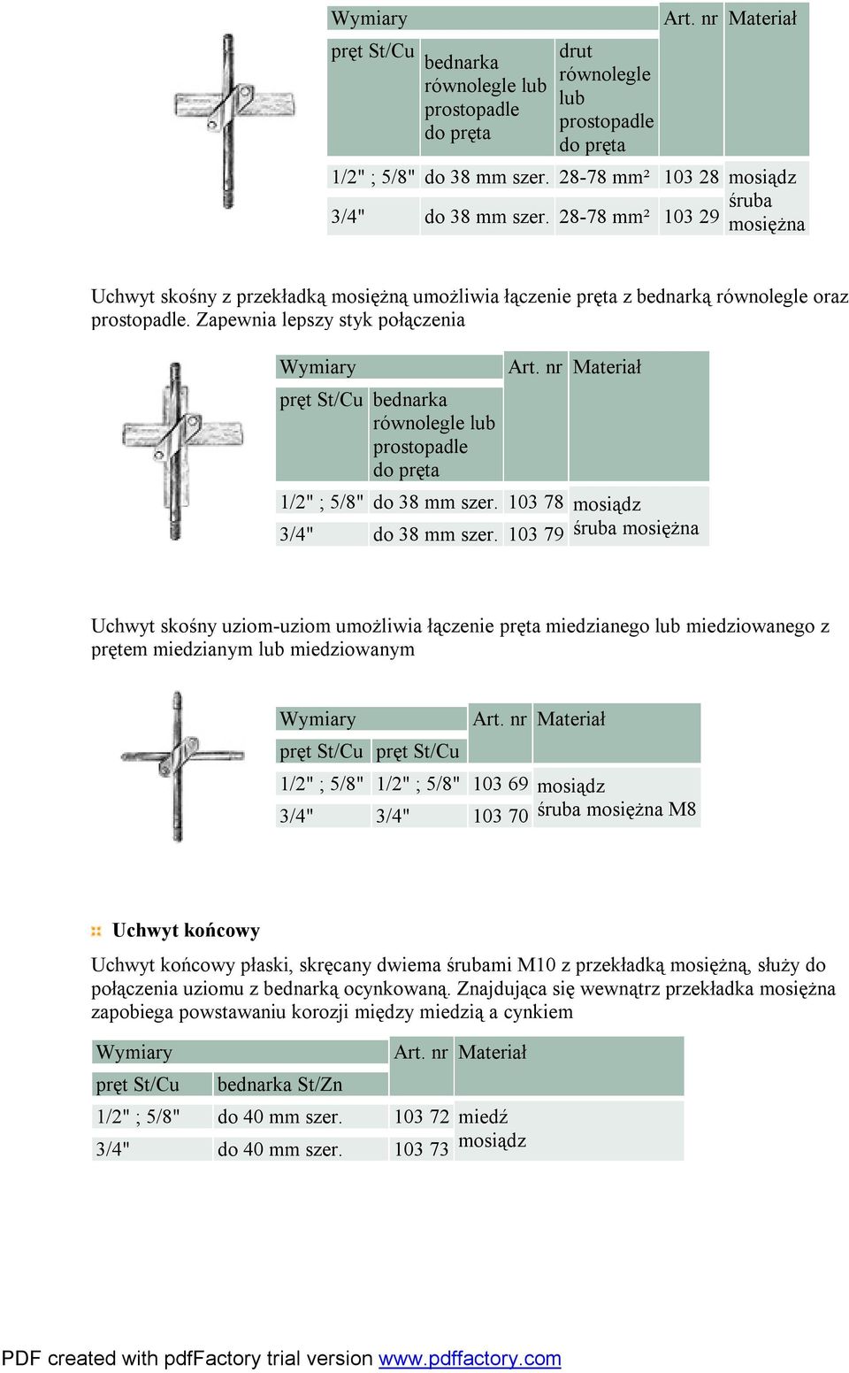 Zapewnia lepszy styk połączenia pręt St/Cu bednarka równolegle lub prostopadle do pręta 1/2" ; 5/8" do 38 mm szer. 103 78 3/4" do 38 mm szer.