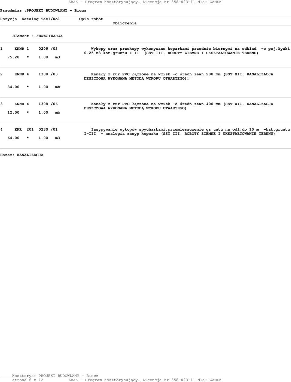 gruntu I-II (SST III. ROBOTY ZIEMNE I UKSZTAŁTOWANIE TERENU) 75.20 * 1.00 m3 2 KNNR 4 1308 /03 Kanały z rur PVC łączne na wcisk - średn.zewn.200 mm (SST XII.