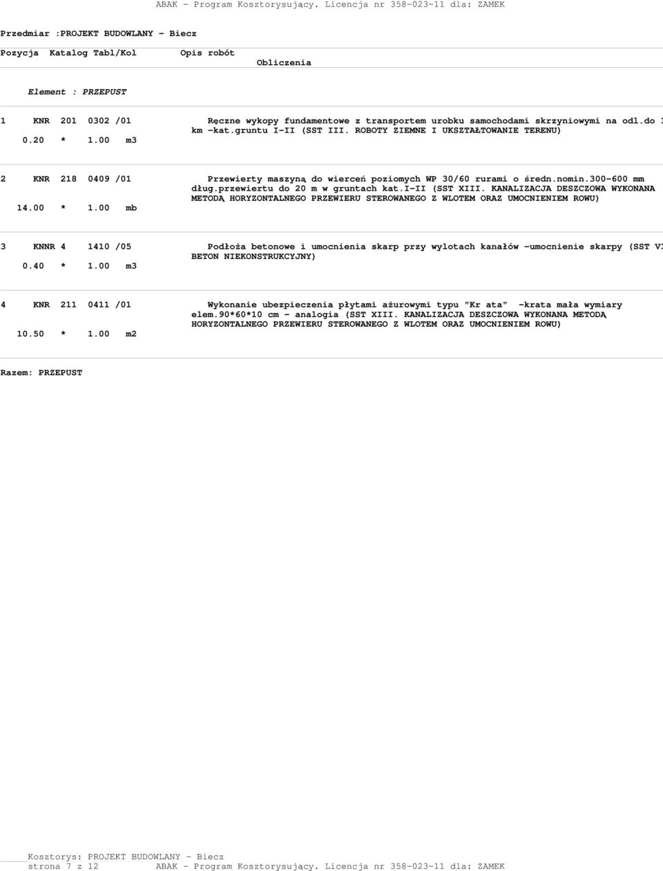 gruntu I-II (SST III. ROBOTY ZIEMNE I UKSZTAŁTOWANIE TERENU) 0.20 * 1.00 m3 2 KNR 218 0409 /01 Przewierty maszyną d wierceń pzimych WP 30/60 rurami średn.nmin.300-600 mm dług.