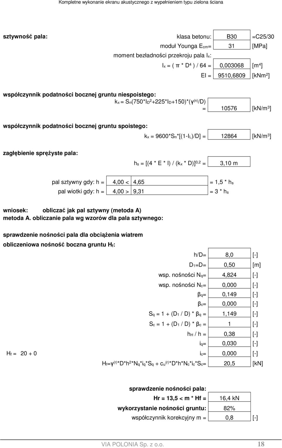 sprężyste pala: hs = [(4 * E * I) / (kx * D)] 0,2 = 3,10 m pal sztywny gdy: h = 4,00 < 4,65 = 1,5 * hs pal wiotki gdy: h = 4,00 > 9,31 = 3 * hs wniosek: obliczać jak pal sztywny (metoda A) metoda A.