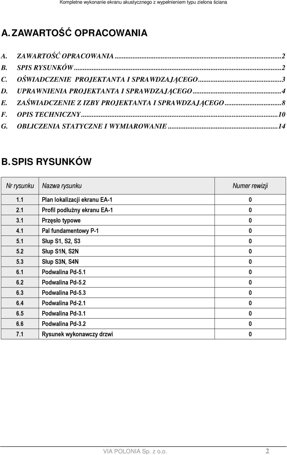 1 Plan lokalizacji ekranu EA-1 0 2.1 Profil podłużny ekranu EA-1 0 3.1 Przęsło typowe 0 4.1 Pal fundamentowy P-1 0 5.1 Słup S1, S2, S3 0 5.2 Słup S1N, S2N 0 5.3 Słup S3N, S4N 0 6.