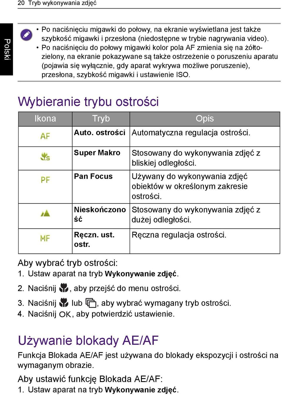 poruszenie), przesłona, szybkość migawki i ustawienie ISO. Wybieranie trybu ostrości Ikona Tryb Opis Auto. ostrości Automatyczna regulacja ostrości. Super Makro Pan Focus Nieskończono ść Ręczn. ust. ostr. Stosowany do wykonywania zdjęć z bliskiej odległości.