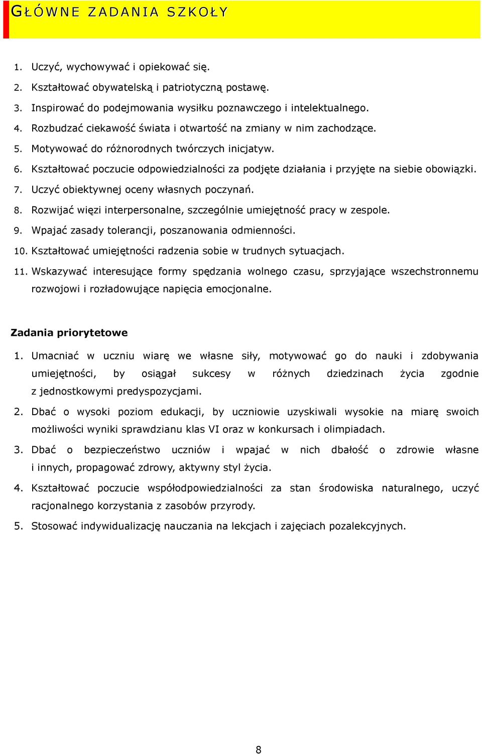 Uczyć biektywnej ceny własnych pczynań. 8. Rzwijać więzi interpersnalne, szczególnie umiejętnść pracy w zesple. 9. Wpajać zasady tlerancji, pszanwania dmiennści. 10.