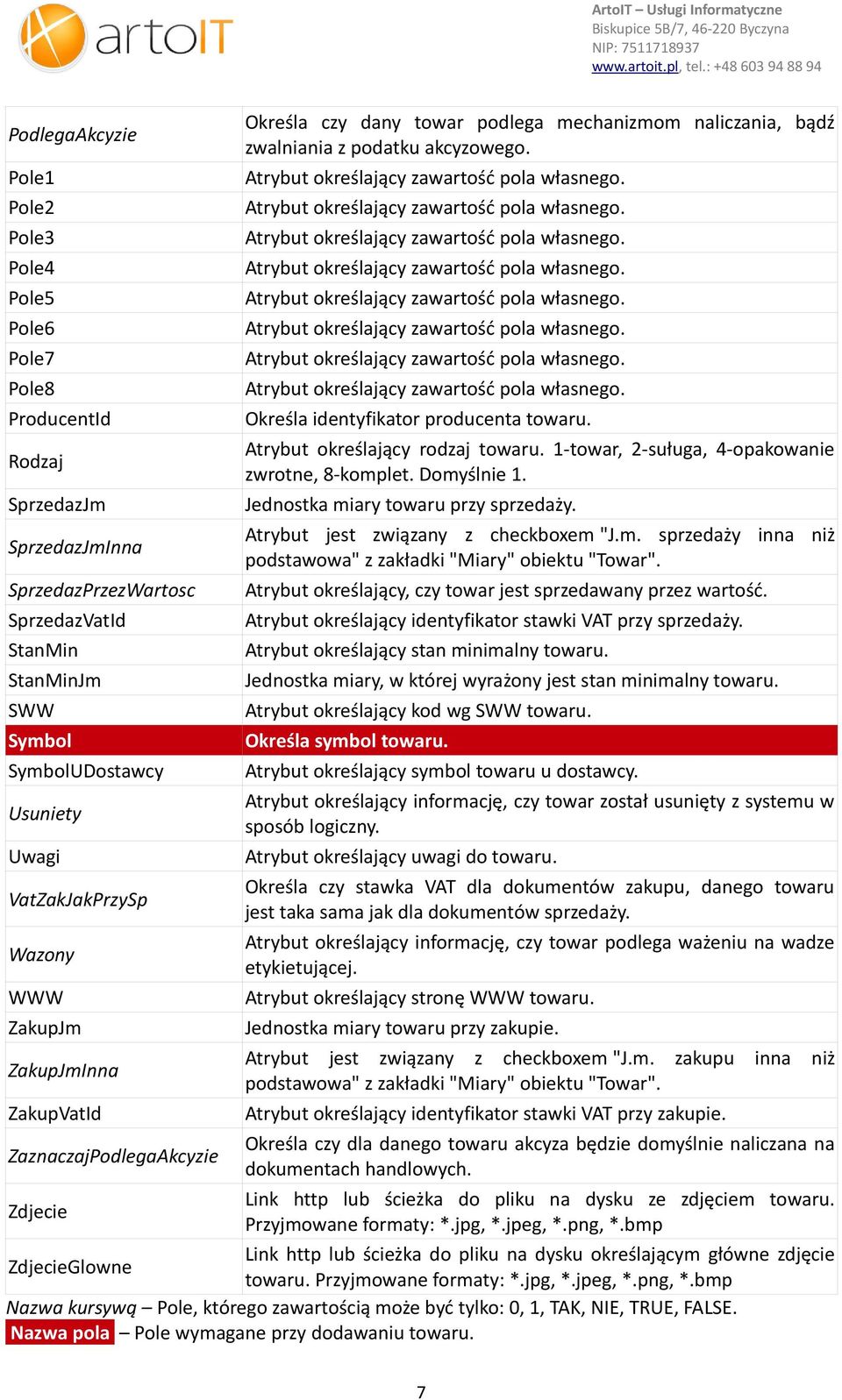 Określa identyfikator producenta towaru. Atrybut określający rodzaj towaru. 1-towar, 2-suługa, 4-opakowanie zwrotne, 8-komplet. Domyślnie 1. Jednostka miary towaru przy sprzedaży.