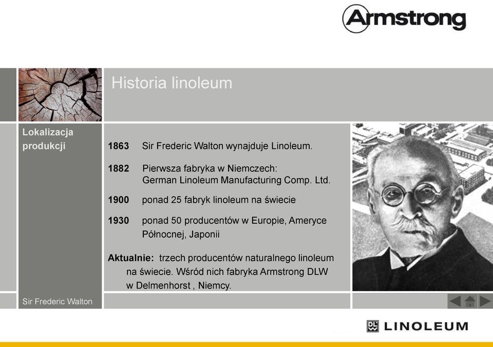 1900 ponad 25 fabryk linoleum na świecie 1930 ponad 50 producentów w Europie, Ameryce Północnej,