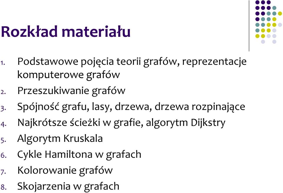 Przeszukiwanie grafów 3. Spójność grafu, lasy, drzewa, drzewa rozpinające 4.