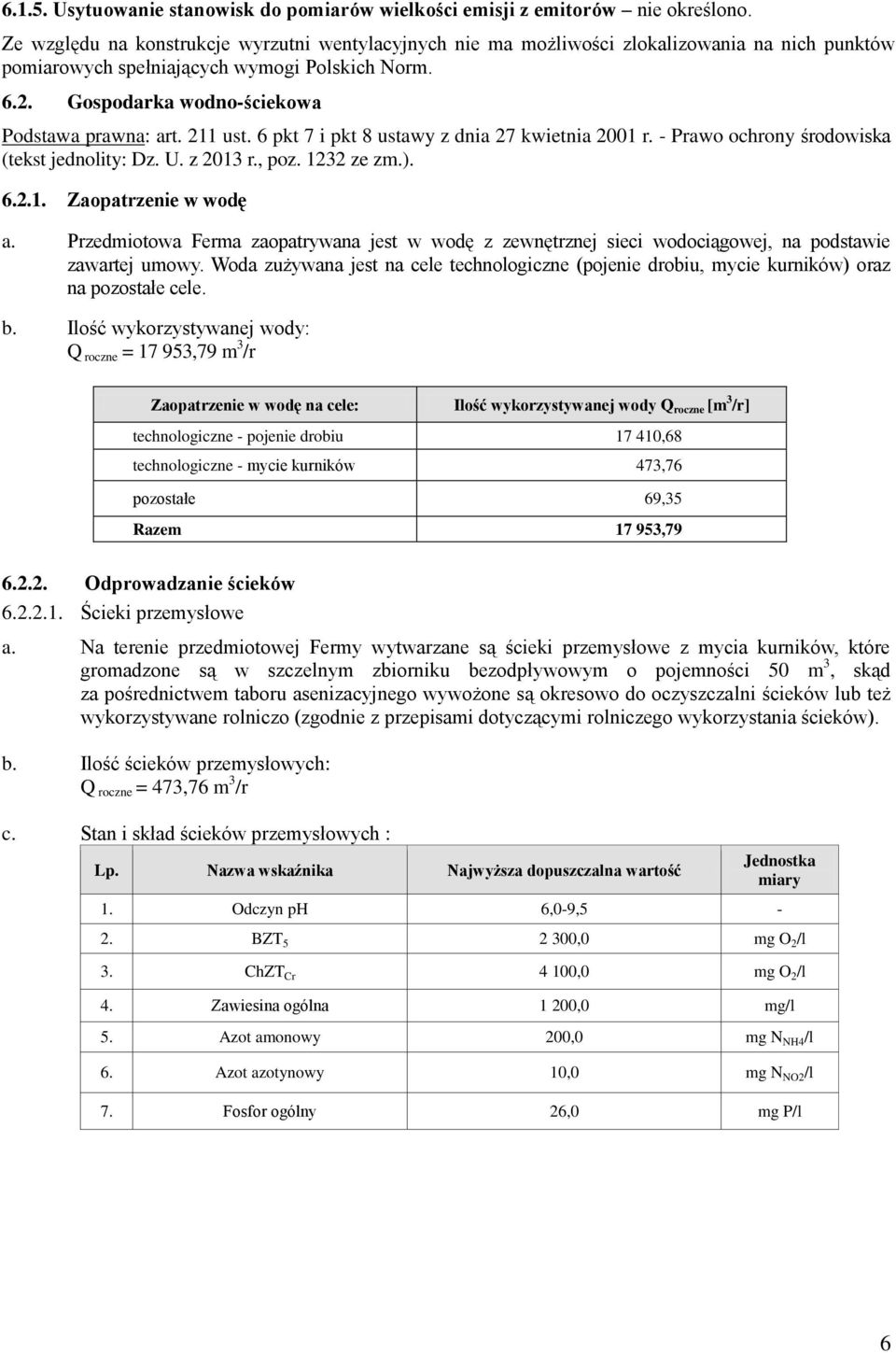 211 ust. 6 pkt 7 i pkt 8 ustawy z dnia 27 kwietnia 2001 r. - Prawo ochrony środowiska (tekst jednolity: Dz. U. z 2013 r., poz. 1232 ze zm.). 6.2.1. Zaopatrzenie w wodę a.