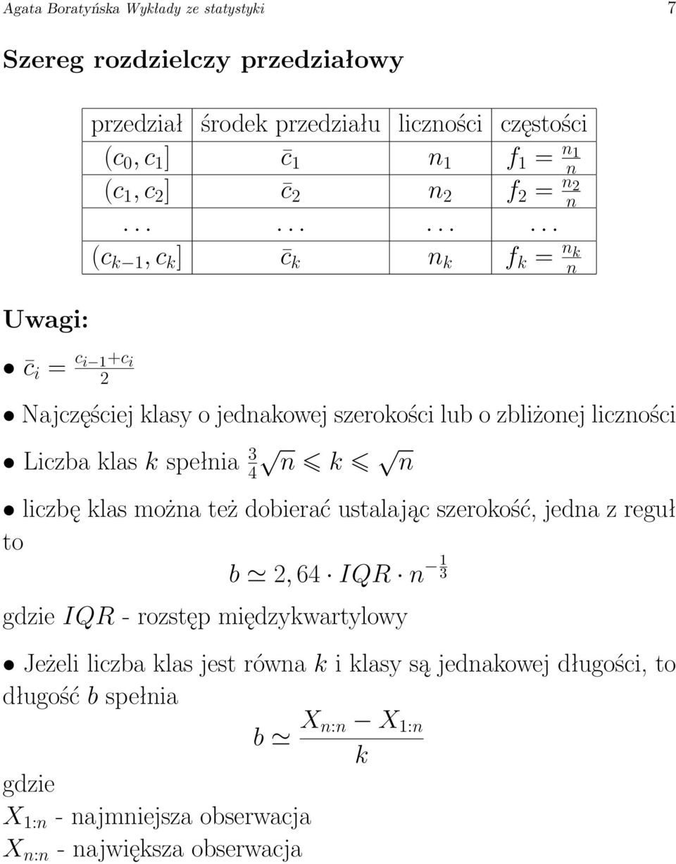 ........... (c k 1, c k ] c k n k f k = n k n Najczęściej klasy o jednakowej szerokości lub o zbliżonej liczności Liczba klas k spełnia 3 4 n k n liczbę klas