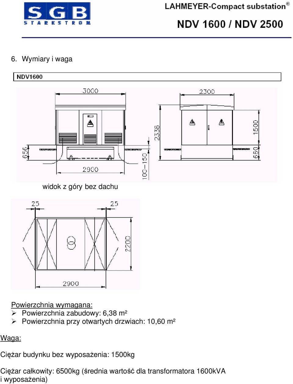 drzwiach: 10,60 m² Waga: Ciężar budynku bez wyposażenia: 1500kg