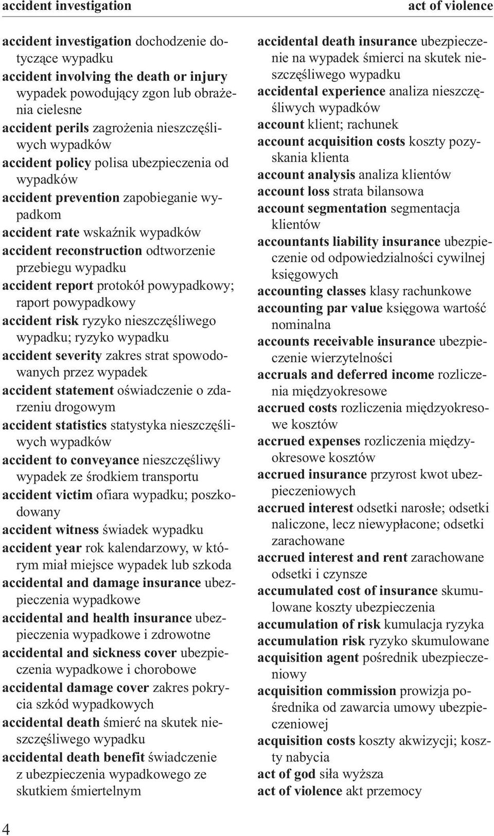 wypadku accident report protokó³ powypadkowy; raport powypadkowy accident risk ryzyko nieszczêœliwego wypadku; ryzyko wypadku accident severity zakres strat spowodowanych przez wypadek accident