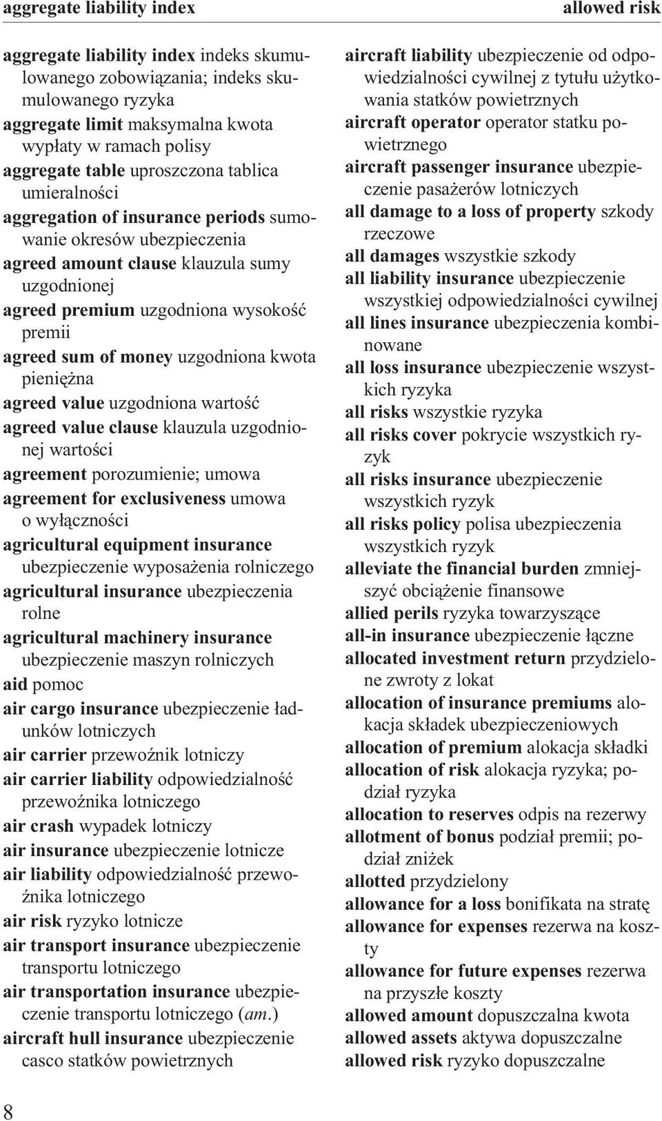 uzgodniona kwota pieniê na agreed value uzgodniona wartoœæ agreed value clause klauzula uzgodnionej wartoœci agreement porozumienie; umowa agreement for exclusiveness umowa o wy³¹cznoœci agricultural