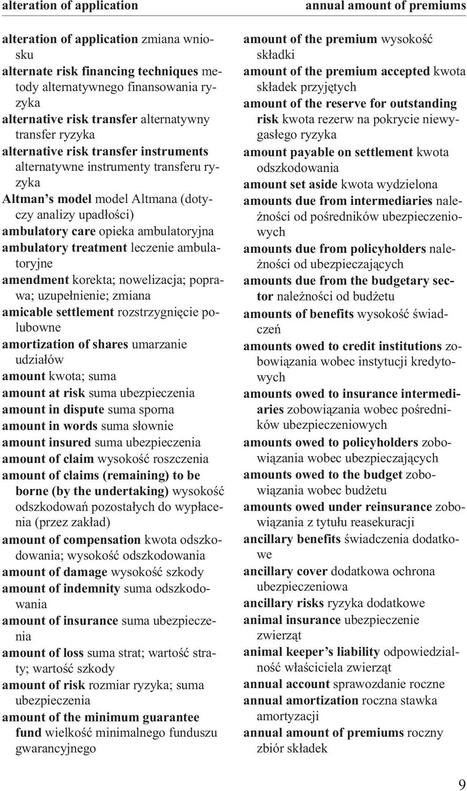 leczenie ambulatoryjne amendment korekta; nowelizacja; poprawa; uzupe³nienie; zmiana amicable settlement rozstrzygniêcie polubowne amortization of shares umarzanie udzia³ów amount kwota; suma amount