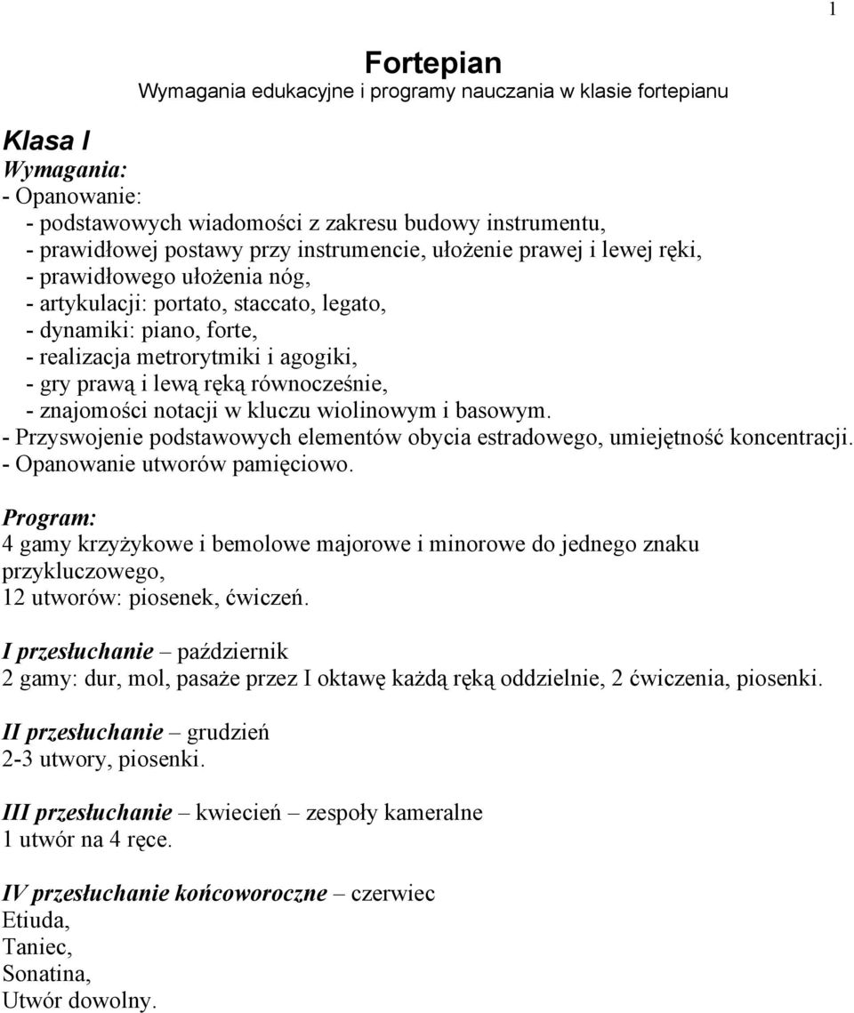 równocześnie, - znajomości notacji w kluczu wiolinowym i basowym. - Przyswojenie podstawowych elementów obycia estradowego, umiejętność koncentracji. - Opanowanie utworów pamięciowo.