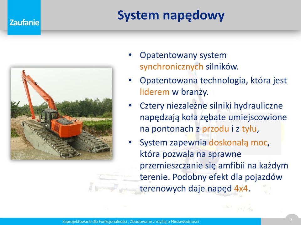 Cztery niezależne silniki hydrauliczne napędzają koła zębate umiejscowione na pontonach z