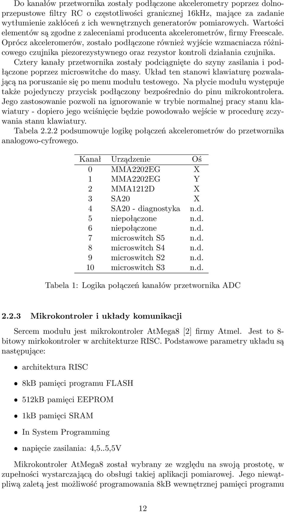 Oprócz akceleromerów, zostało podłączone również wyjście wzmacniacza różnicowego czujnika piezorezystywnego oraz rezystor kontroli działania czujnika.