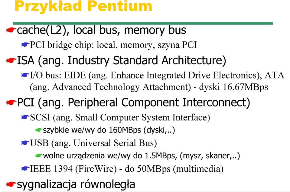 Advanced Technology Attachment) - dyski 16,67MBps PCI (ang. Peripheral Component Interconnect) SCSI (ang.