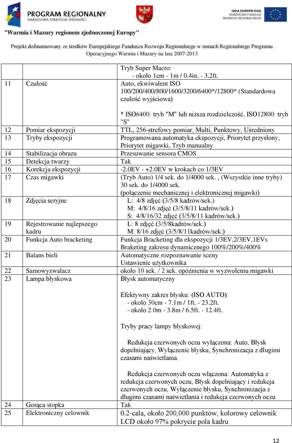 256-strefowy pomiar, Multi, Punktowy, Uśredniony 13 Tryby ekspozycji Programowana automatyka ekspozycji, Priorytet przysłony, Priorytet migawki, Tryb manualny 14 Stabilizacja obrazu Przesuwanie