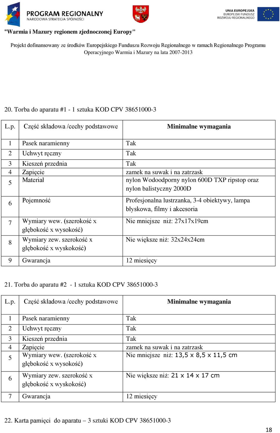 szerokość x głębokość x wyskokość) 9 Gwarancja 12 miesięcy Profesjonalna lustrzanka, 3-4 obiektywy, lampa błyskowa, filmy i akcesoria Nie mniejsze niż: 27x17x19cm Nie większe niż: 32x24x24cm 21.