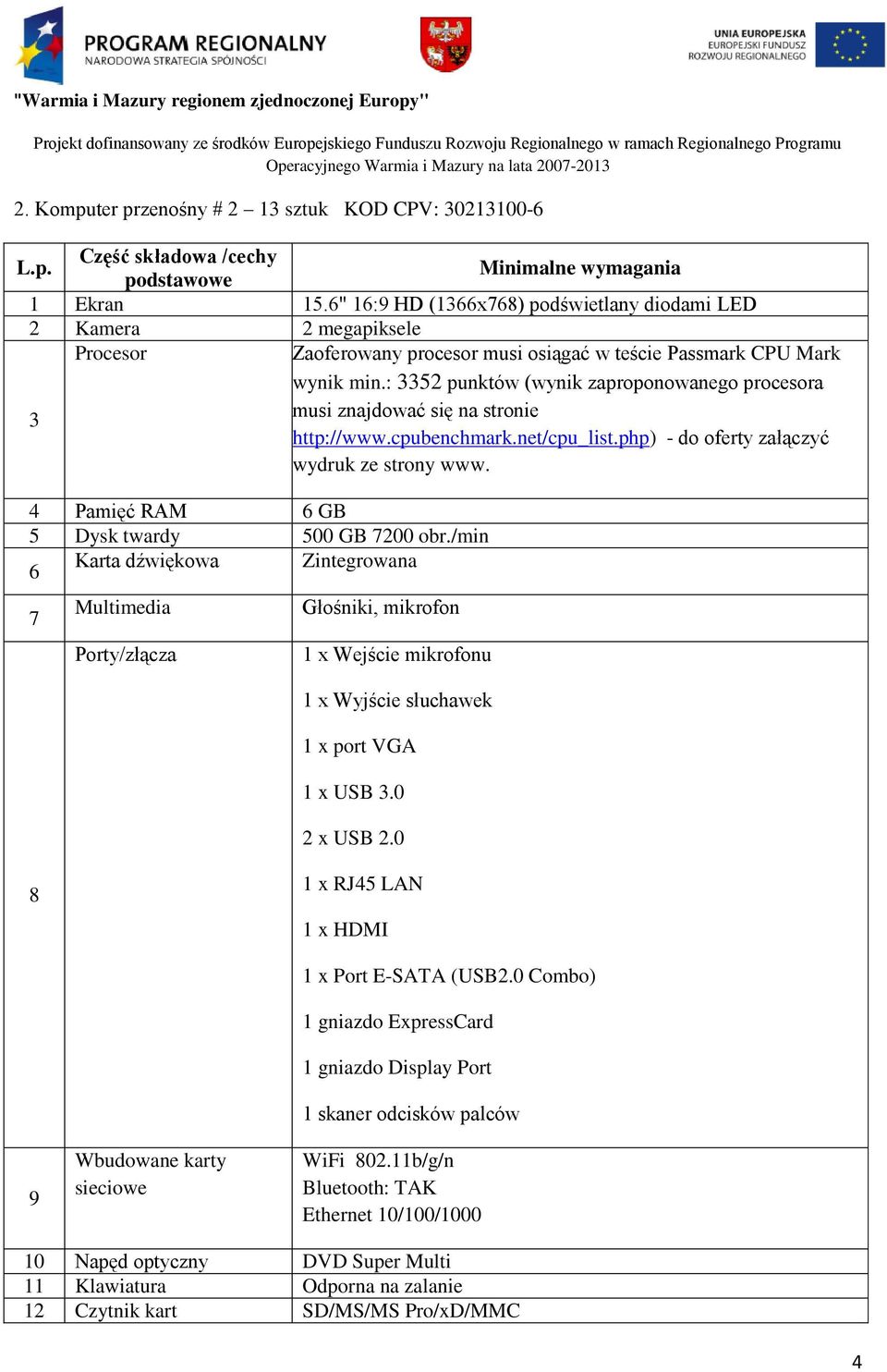 : 3352 punktów (wynik zaproponowanego procesora 3 musi znajdować się na stronie http://www.cpubenchmark.net/cpu_list.php) - do oferty załączyć wydruk ze strony www.