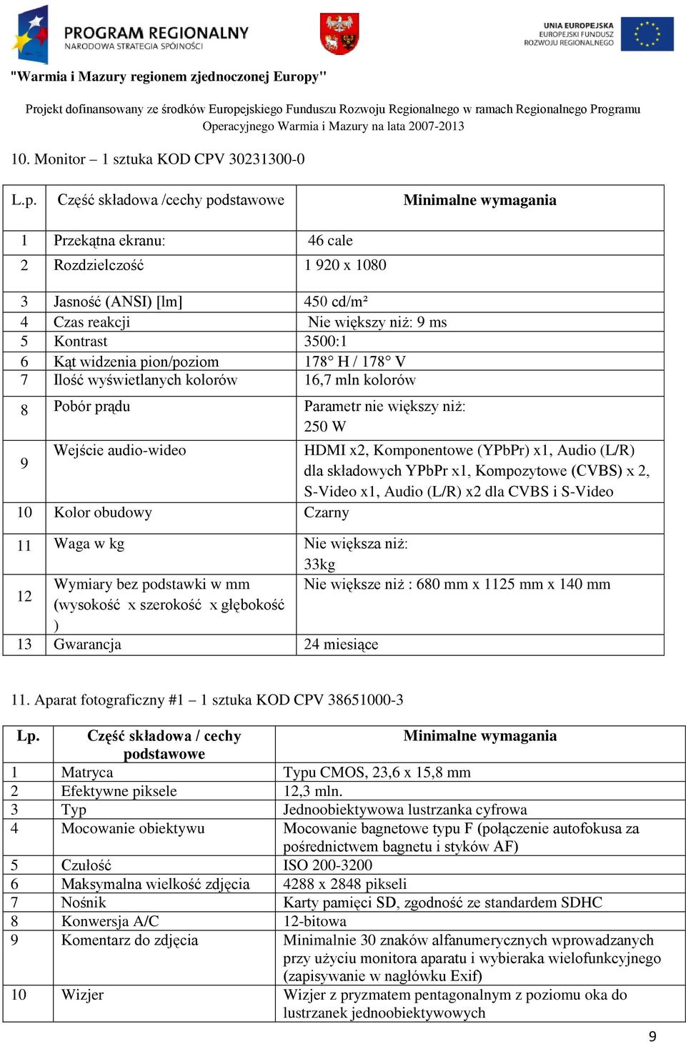 składowych YPbPr x1, Kompozytowe (CVBS) x 2, S-Video x1, Audio (L/R) x2 dla CVBS i S-Video 10 Kolor obudowy Czarny 11 Waga w kg Nie większa niż: 33kg 12 Wymiary bez podstawki w mm Nie większe niż :