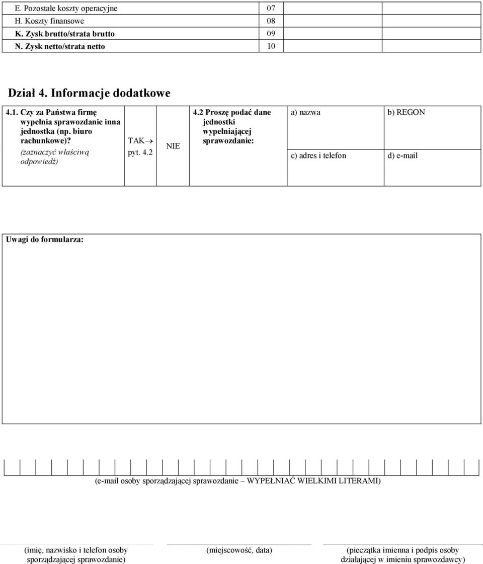 2 Proszę podać dane jednostki wypełniającej sprawozdanie: a) nazwa b) REGON c) adres i telefon d) e-mail Uwagi do formularza: (e-mail osoby sporządzającej