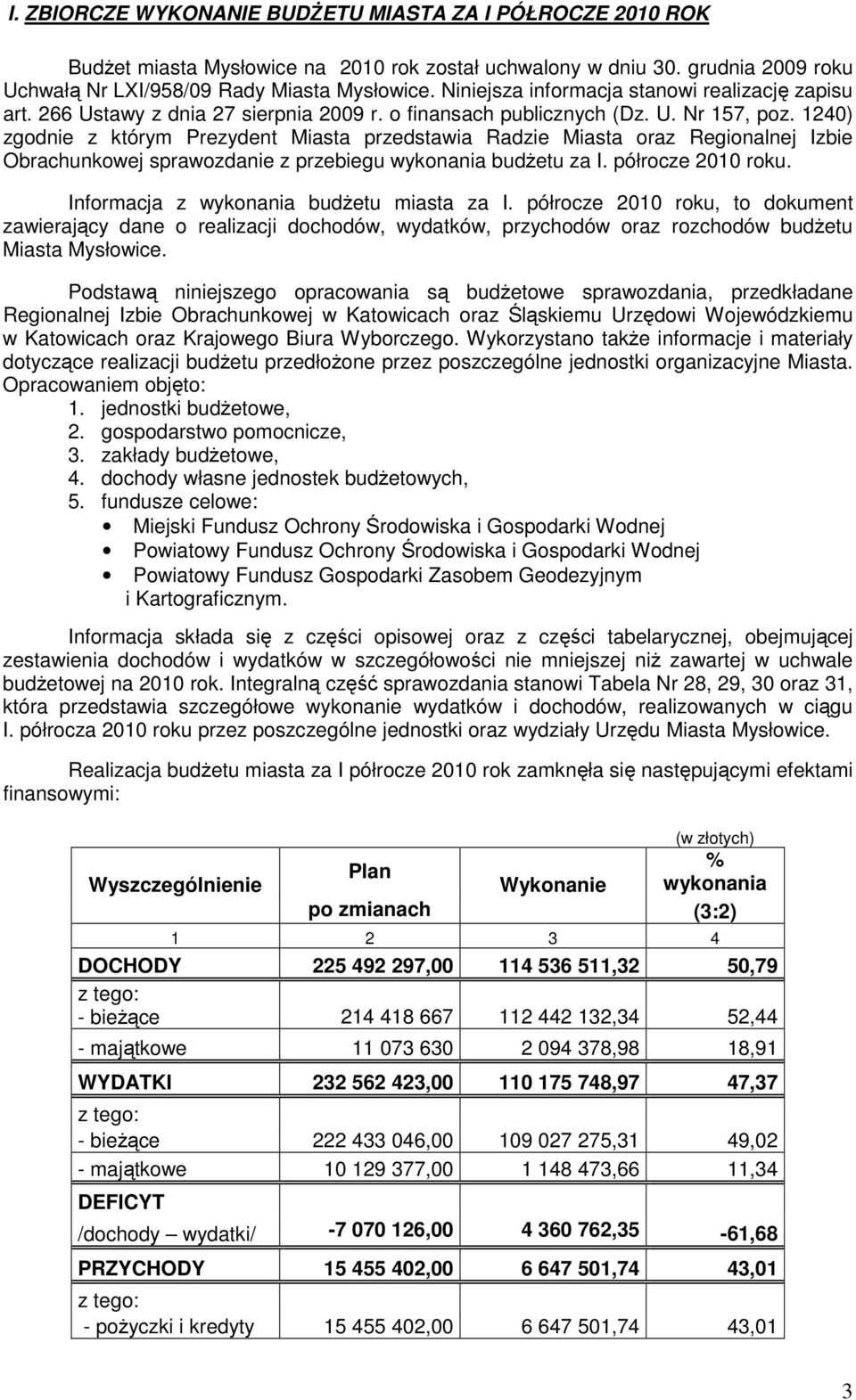 1240) zgodnie z którym Prezydent Miasta przedstawia Radzie Miasta oraz Regionalnej Izbie Obrachunkowej sprawozdanie z przebiegu wykonania budŝetu za I. półrocze 2010 roku.