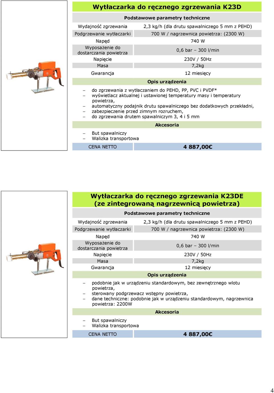 887,00 Wytłaczarka do ręcznego zgrzewania K23DE (ze zintegrowaną nagrzewnicą ) 2,3 kg/h (dla drutu spawalniczego 5 mm z PEHD) Podgrzewanie wytłaczarki 700 W / nagrzewnica : (2300 W)