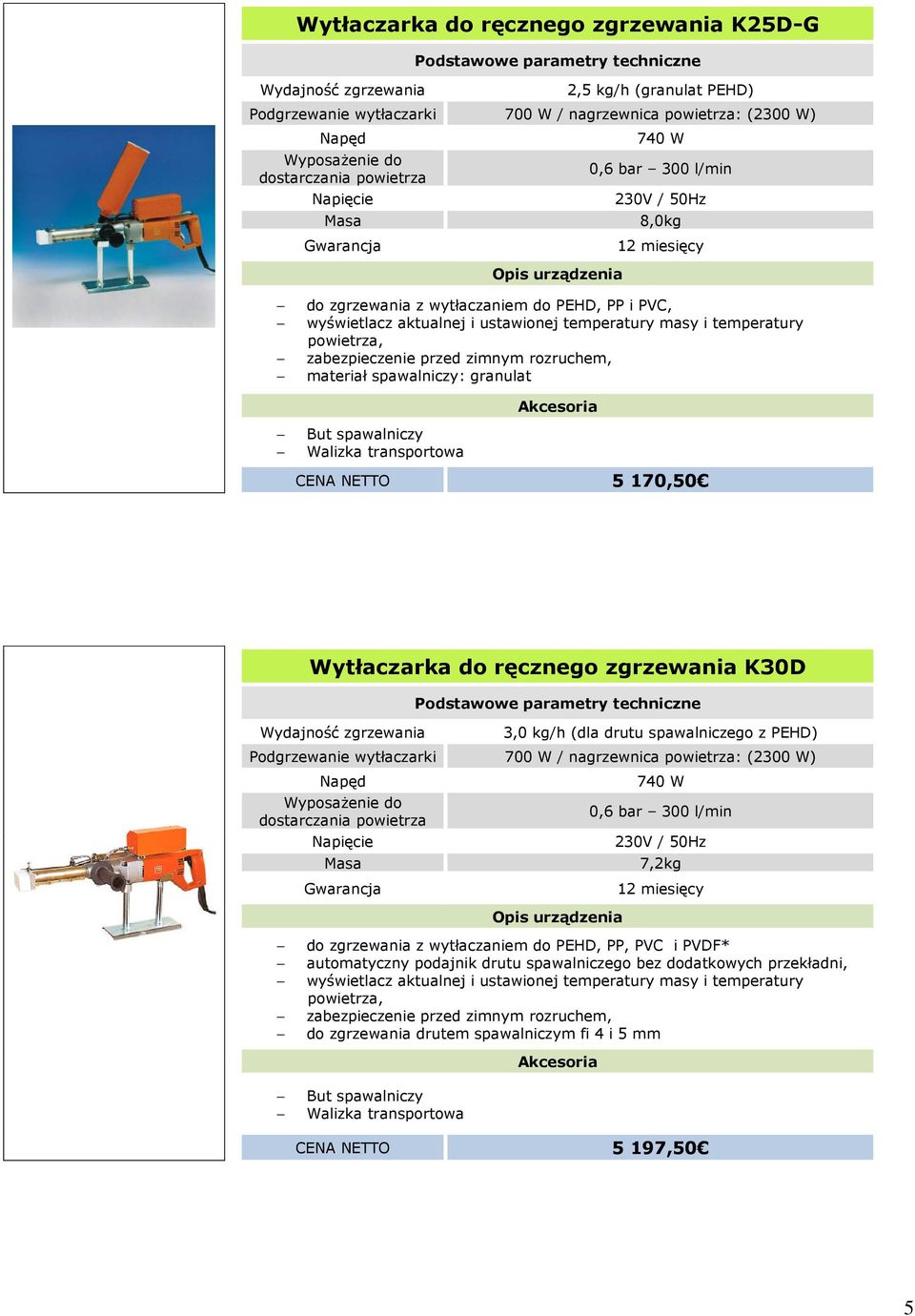 kg/h (dla drutu spawalniczego z PEHD) Podgrzewanie wytłaczarki 700 W / nagrzewnica : (2300 W) 740 W 7,2kg do zgrzewania z wytłaczaniem do PEHD, PP, PVC i