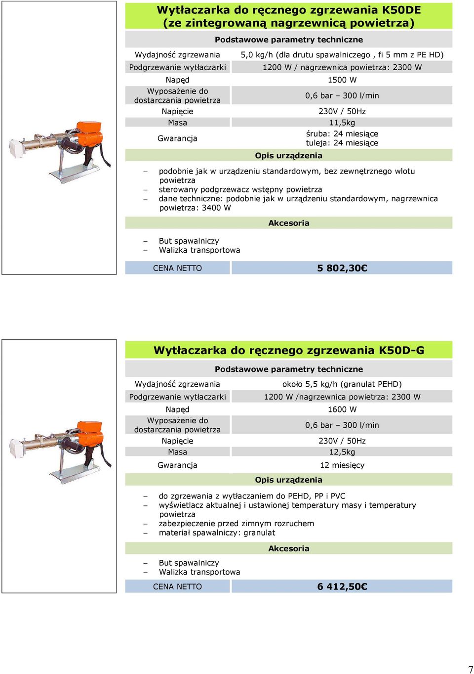 techniczne: podobnie jak w urządzeniu standardowym, nagrzewnica : 3400 W 5 802,30 Wytłaczarka do ręcznego zgrzewania K50D-G Podgrzewanie wytłaczarki około 5,5 kg/h