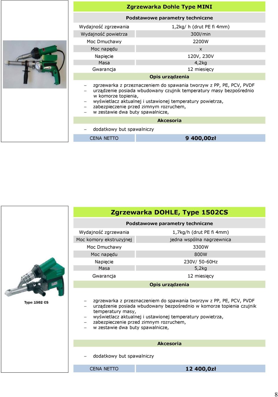 dodatkowy but spawalniczy 9 400,00zł Zgrzewarka DOHLE, Type 1502CS Moc komory ekstruzyjnej Moc Dmuchawy Moc napędu 1,7kg/h (drut PE fi 4mm) jedna wspólna nagrzewnica 3300W 800W 230V/ 50-60Hz 5,2kg