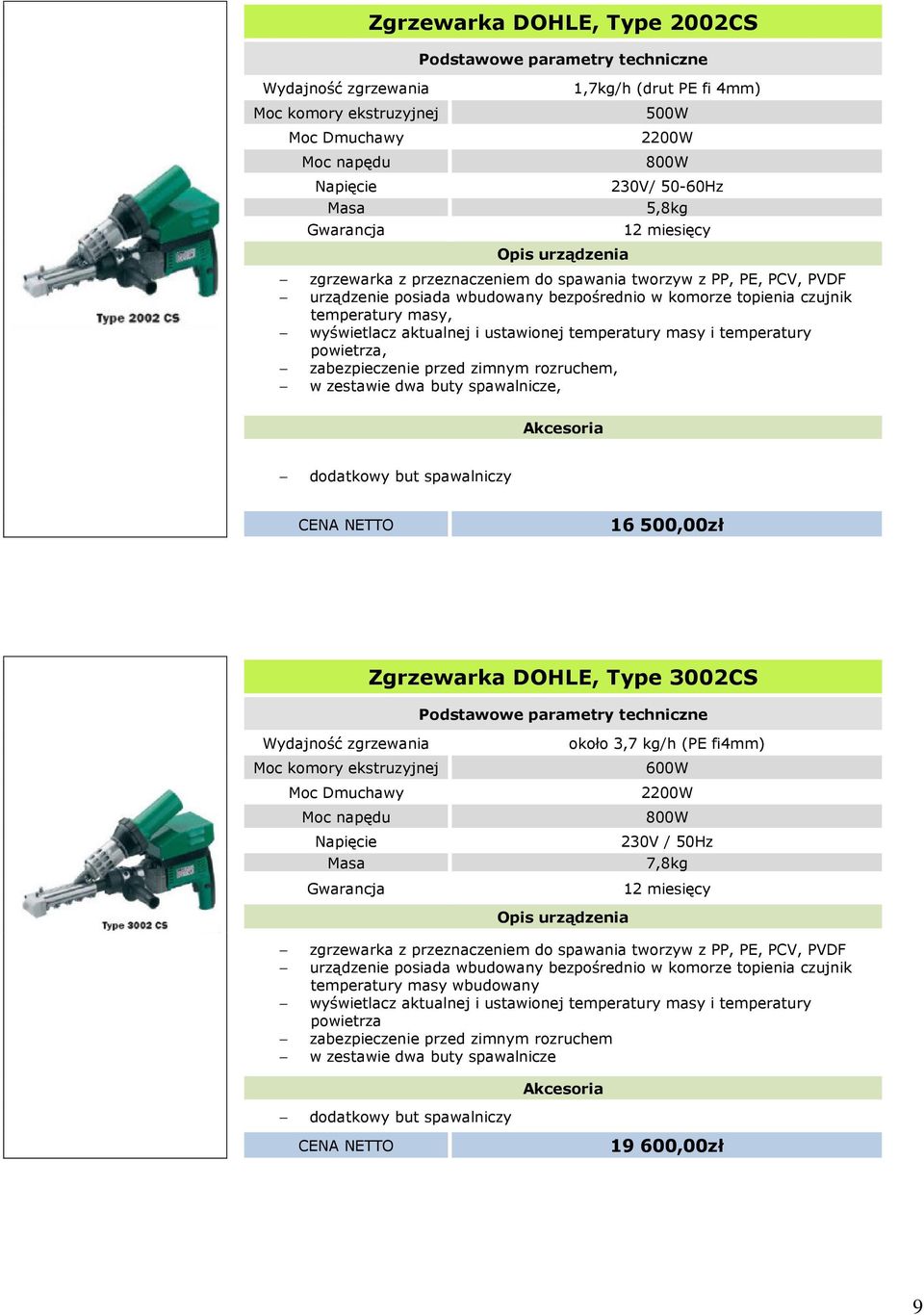 500,00zł Zgrzewarka DOHLE, Type 3002CS Moc komory ekstruzyjnej Moc Dmuchawy Moc napędu około 3,7 kg/h (PE fi4mm) 600W 2200W 800W 7,8kg zgrzewarka z przeznaczeniem do spawania tworzyw z PP, PE, PCV,