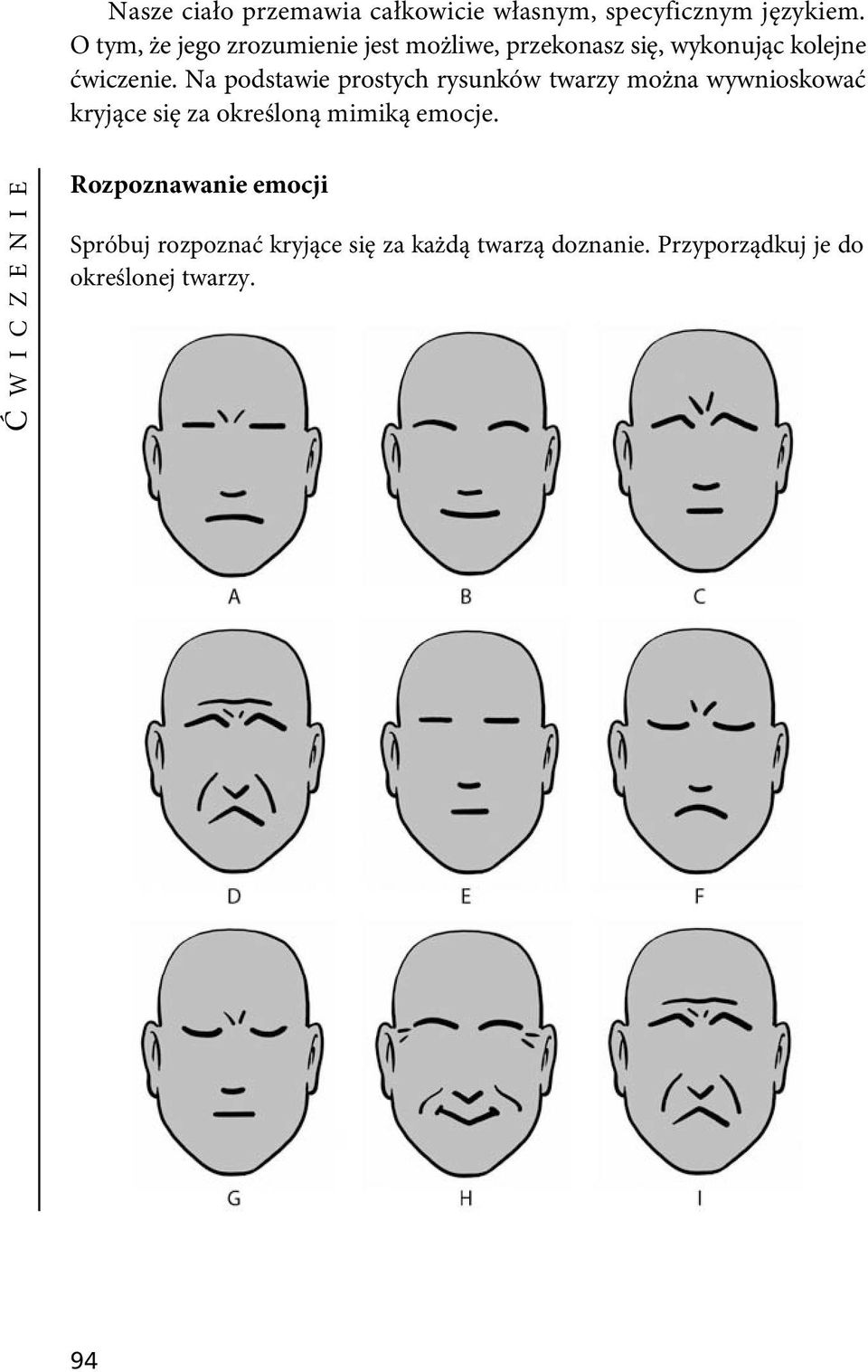 Na podstawie prostych rysunków twarzy można wywnioskować kryjące się za określoną mimiką emocje.