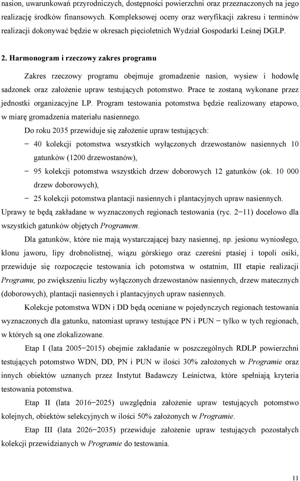 Harmonogram i rzeczowy zakres programu Zakres rzeczowy programu obejmuje gromadzenie nasion, wysiew i hodowlę sadzonek oraz założenie upraw testujących potomstwo.