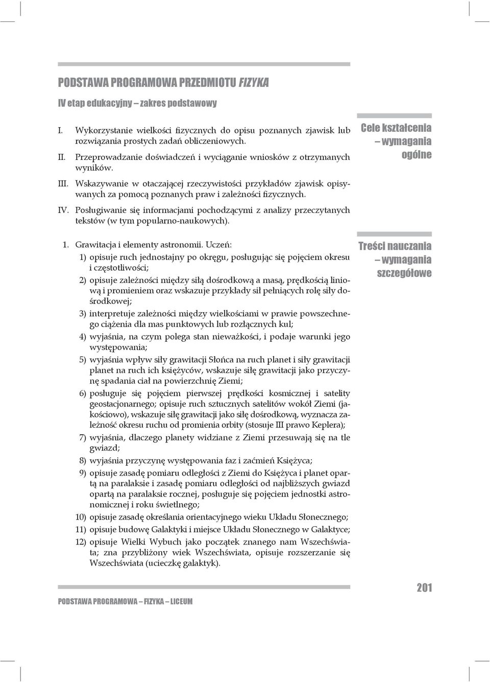 IV. Pos ugiwanie si informacjami pochodz cymi z analizy przeczytanych tekstów (w tym popu larno-naukowych). 1. Grawitacja i elementy astronomii.