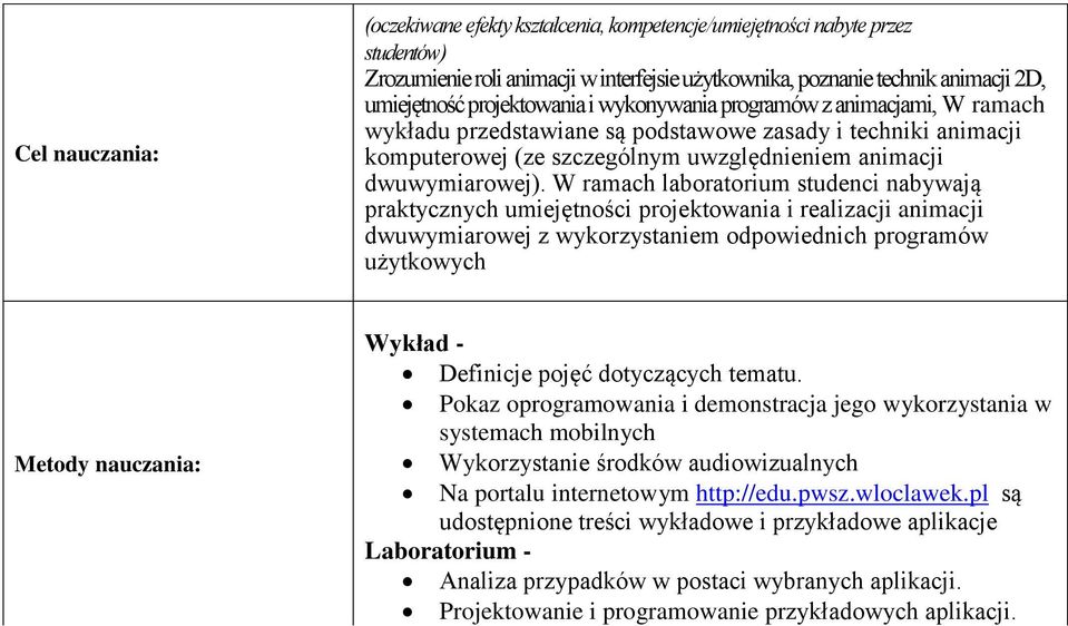 W ramach laboratorium studenci nabywają praktycznych umiejętności projektowania i realizacji animacji dwuwymiarowej z wykorzystaniem odpowiednich programów użytkowych Metody nauczania: Wykład -